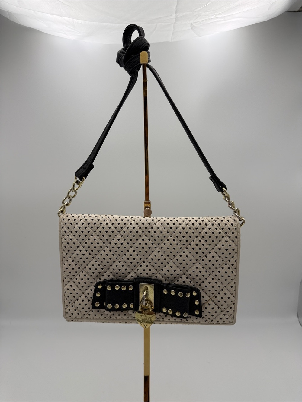 Betsey Johnson Cream Quilted Shoulder Bag with Black Strap & Gold Hardware